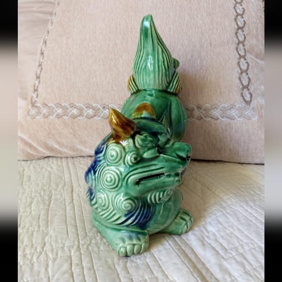 Vintage Majolica Chinese Porcelain Green, Blue & Tan Foo Dog Shishi Lion Statue - Picture 10 of 12